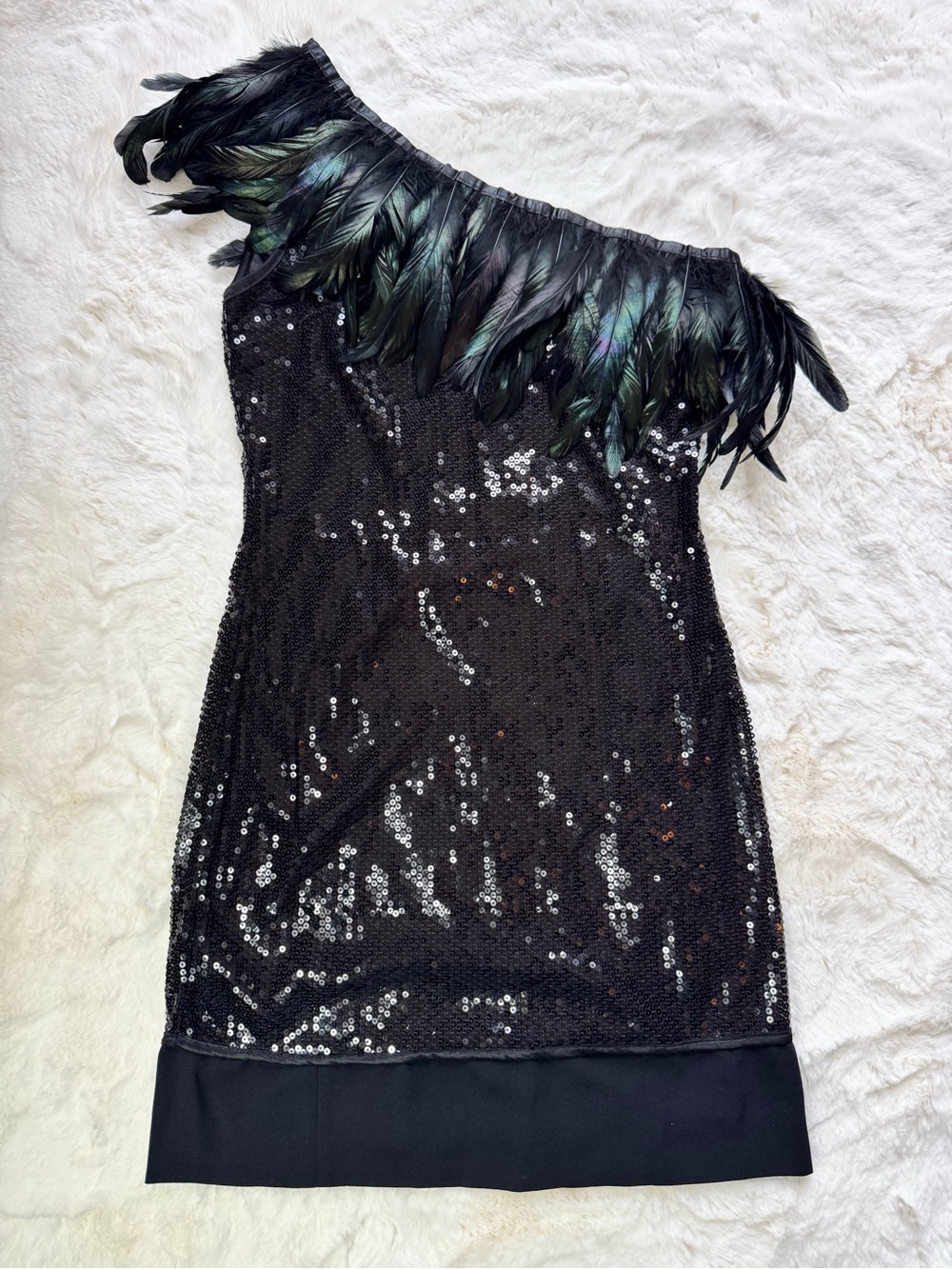 Yumi Sequin One-Shoulder Midi Dress Black with Feather Trim - UK L / EU 42